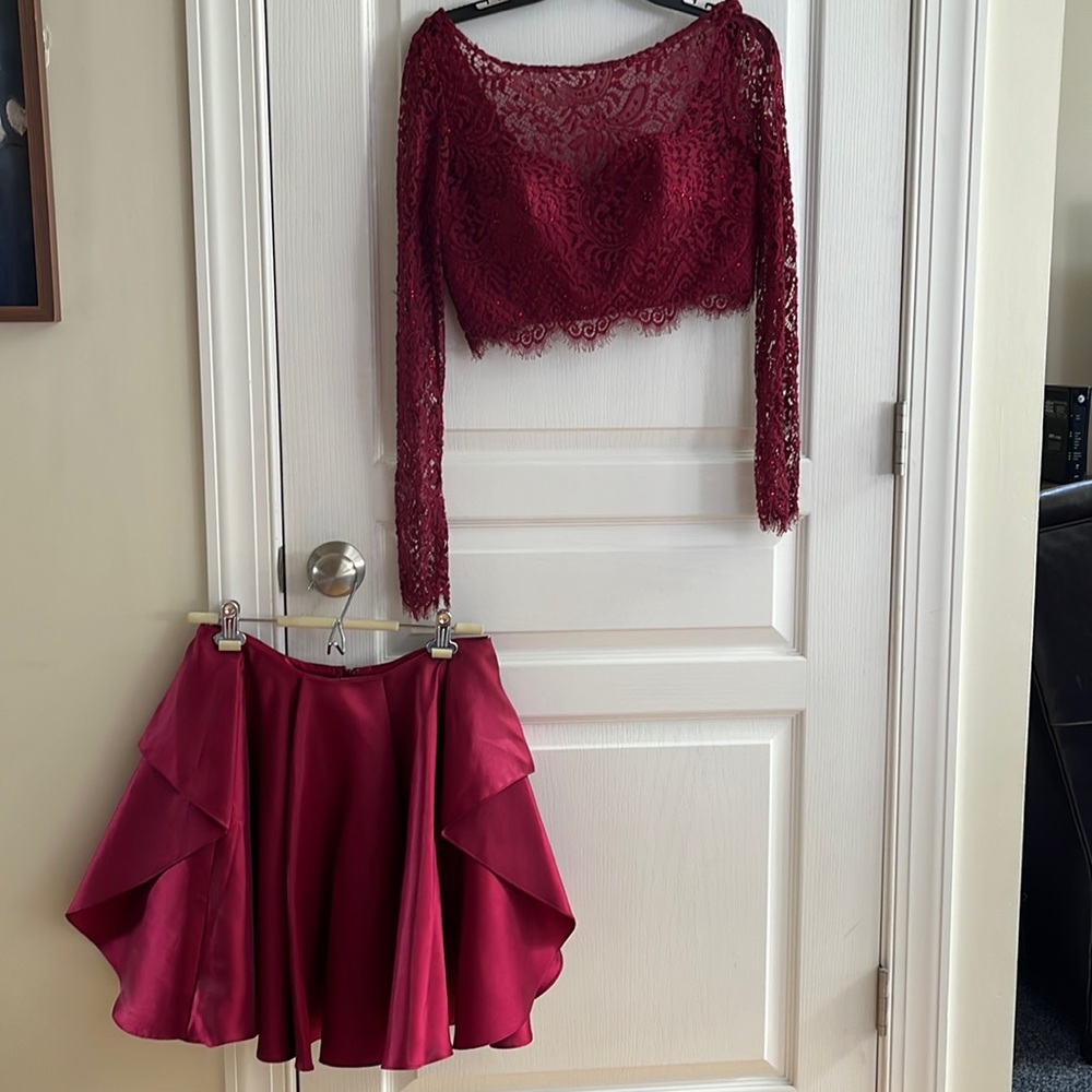 Hanna S, 2 piece lace homecoming dress in Sangria red